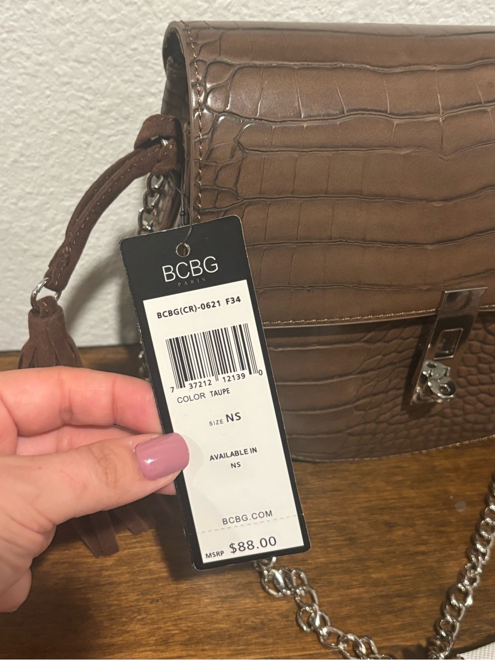 BCBG Brown Croc-Embossed Crossbody with Tassel and Chain - Picture 3 of 8